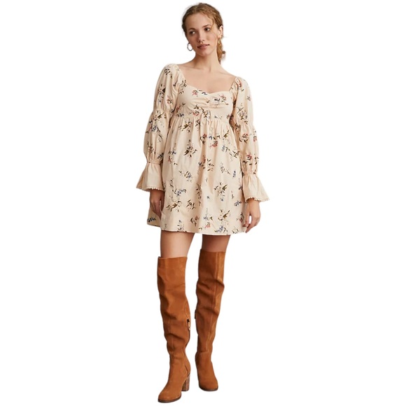 By Anthropologie Long Sleeve Embroidered Mini Fairy Floral Dress Cream Size XS - Picture 2 of 16